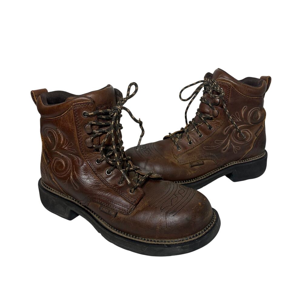 Justin Boots Katerina Brown Leather Steel Toe Waterproof Western Work Lace Up 9B
